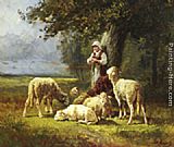 Charles Emile Jacque Famous Paintings - A Shepherdess With Her Flock In A Woodland Clearing